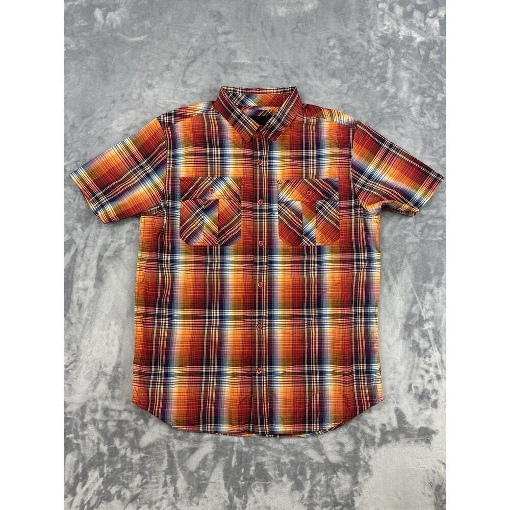 Prana Ostend Shirt Mens Size Medium Red Orange Plaid Short Sleeve Organic Cotton